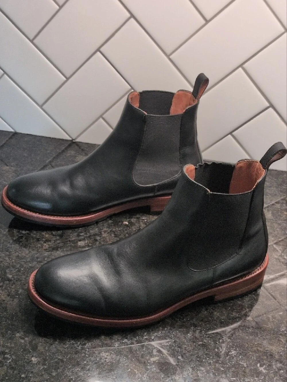 Men's Patina Portland Leather Black Leather Chelsea Boots with Brown Welt